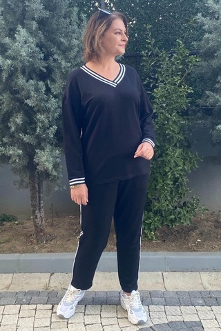 Mia Butik Büyük Beden Siyah V Yaka Eşortman Takım Siyah