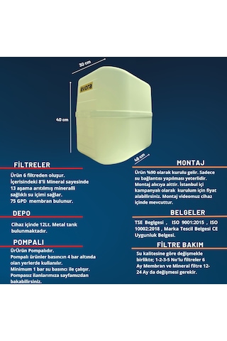 13 Aşamalı 12 Litre Kapalı Kasa Pompalı Su Arıtma Cihazı - Beyaz