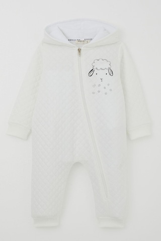 Breeze Erkek Bebek Tulum Kapitone Desenli Sevimli Kuzucuk Baskılı Kapüşonlu 4 Ay-1.5 Yaş, Ekru Ekru