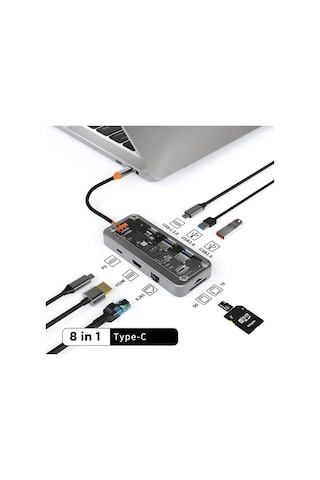 100w Turbo 8in1 Type-c Hdmı Ethernet Usb Sd Kart Okuyucu Usb Çevirici Adaptör iPad Apple Uyumlu MacBook Tablet