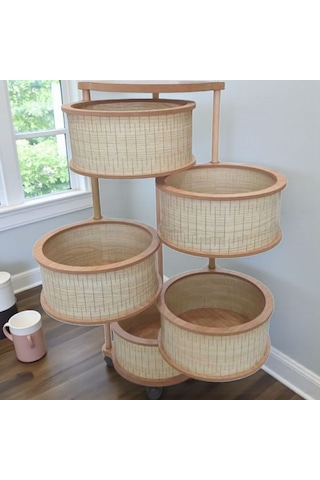 5 Katlı Ahşap Sebzelik Tekerlekli Naturel Gıdaya Uygun Kaliteli Mdf Modern Açık Kahverengi