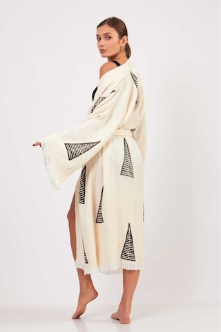 Befera Müslin Kimono Pamuklu Piramit Desenli Bornoz Kaftan Sabahlık Ekru