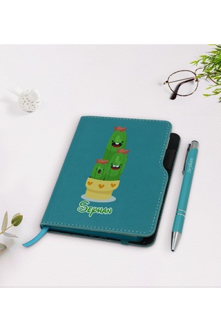 Kişiye Özel Kaktüs Tasarımlı Turkuaz Termo Deri Defter Kalem Seti N11.2141