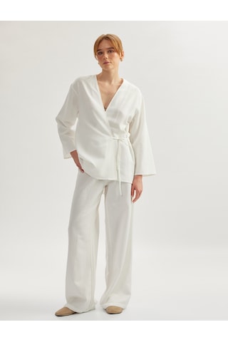 Koton Keten Karışımlı Uzun Geniş Kollu Kruvaze Kimono Kırık Beyaz 5sak60007pw Ekru