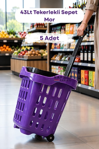 5 Adet - 43 Lt Tekerlekli Market Sepeti Plastik Alışveriş Sepeti Ergonomik Çift Saplı Mor
