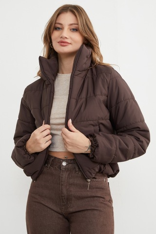Fullamoda Beli Lastikli Crop Şişme Mont Kahve