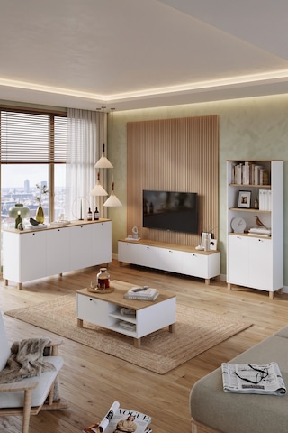 Yurudesign Nord Tv Ünitesi Orta Sehpa Konsol Kitaplık 4'lü Set Ahşap Ayaklı Sepet-beyaz Nd22-sw