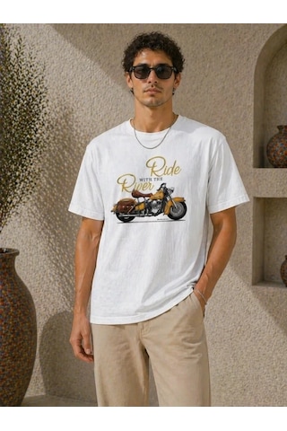 Defymoda Erkek Motosiklet Baskılı Tişört Bisiklet Yaka Kısa Kol Yazlık T-shirt - Beyaz