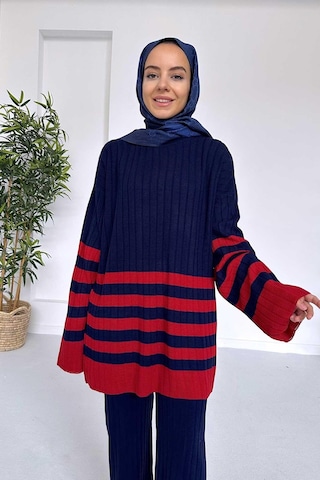 Ka Hijab Çift Renk Çizgili Triko Takım - Lacivert