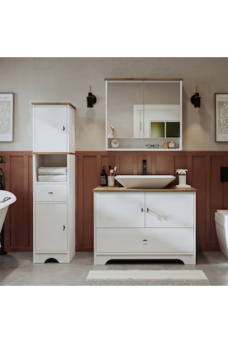 Lavabolu Mdf 100Cm Çekmeceli Banyo Dlp + Aynalı Üst Dlp + Boy Dlp Beyaz - Atlantik Çam