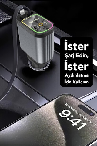 66w Akıllı Araç Şarjı Led Aydınlatmalı 4in1 Çift Kablolu 3.4a Araç İçi Çakmaklık Şarj Aleti
