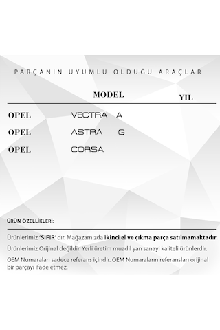 Opel Astra G, Corsa , Vectra A İçin İç Tavan Aydınlatma Lambası