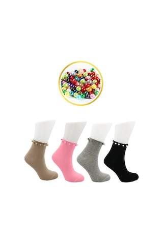 Kadın Çok Renkli Yarım Konç Pamuklu Çorap Boncuk Detaylı 4'lü Paket Çok Renkli
