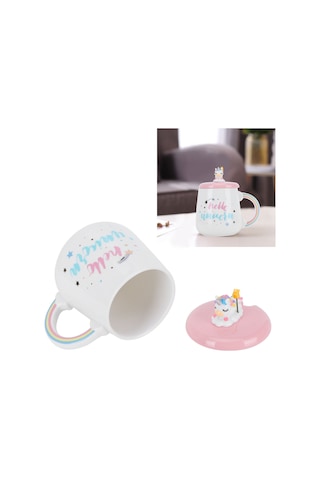 Geeroyoo Teknik Unicorn Desenli Seramik Bardak, 450ml Kapasite, Kapak Ve Kaşık İle, Ev Ofis Okul Uygun, Hediye Paketiyle Diğer