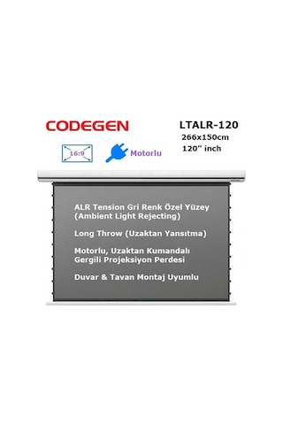 Codegen Ltalr-120 Long Throw Alr Tension Gri Yüzey Motorlu Projeksiyon Perdesi 120 İnch 266x150cm