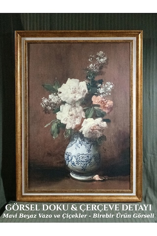 Vintage Gold Çerçeveli Tablo - Mavi Beyaz Vazoda Güller - 60x80 Cm