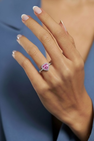 925 Ayar Pembe Taşlı Rodyum Pırlanta Işıltılı Kalp Ayarlanabilir Gümüş Yüzük Gümüş
