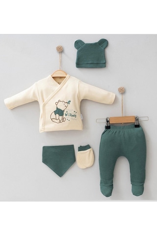 Modam Bebek Winnie Pooh Desenli Erkek Bebek Hastane Çıkışı Takım 5'li Zıbın Seti 0-3 Ay Kahve