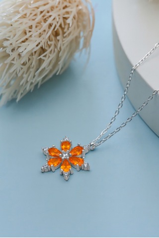 Çekirdekjewelry 925 Ayar Gümüş Turuncu Taşlı Çiçek Kolye Gri
