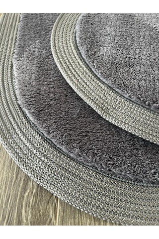 Melena Carpet Premium Kaymaz Taban Peluş Banyo Paspası Seti Jüt Kenar Detaylı 2 Li Oval Yuvarlak 100x60 60x60 Antrasit
