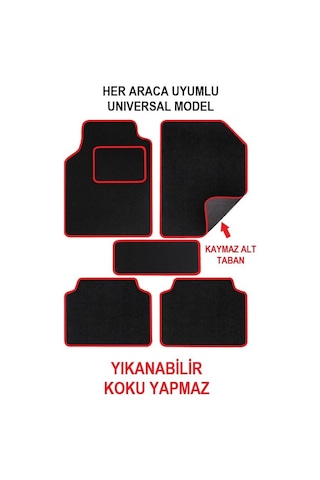 Oto Motto Universal Oto Halı Paspas Kaymaz Tabanlı Araba Paspası Kırmızı Kenarlı 5 Parça