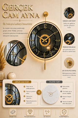Pey Aksesuar Metal Aynalı Duvar Saati Işıklı Gerçek Cam Duvar Saati Modern Tasarım 40 X60 Cm Gold-füme-siyah