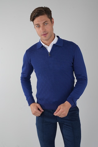 Bisse Indigo Polo Yaka Fermuarlı Ön Jakar Yün Erkek Triko Tr23k23204 D66 Indigo