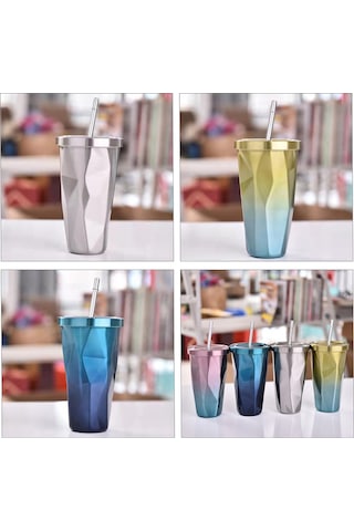 Honmex Stahl Çift Katlı Isı Saklama Bardak, Damla Desenli, Pipetli, 500ml, Renk Seçenekli Mor