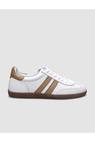 %100 Hakiki Deri Beyaz Bağcıklı Kadın Sneaker Beyaz