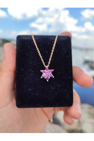 Ervanur Kadın Rose Gold Zincir Kaplama Zirkon Taşlı Mor Lotus Çiçeği Kolye Mor