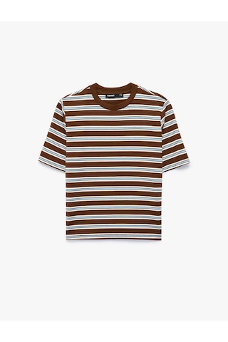 Koton Regular Fit Bisiklet Yaka Çizgili Kısa Kollu Tişört Kahverengi Çizgili 7wak50006pk
