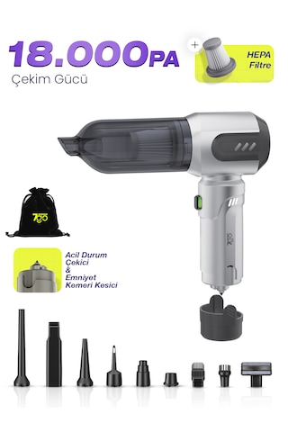 7go Ahv-14 2'si 1 Arada Kablosuz Araç İçi Süpürge Gümüş 18000pa Güçlü Vakum + Üfleme Cam Kırıcı Gümüş
