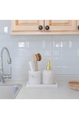 Akayev Mermer Beyaz 3 Parça Banyo Seti Mutfak Sıvı Sabunluk Seti Beyaz