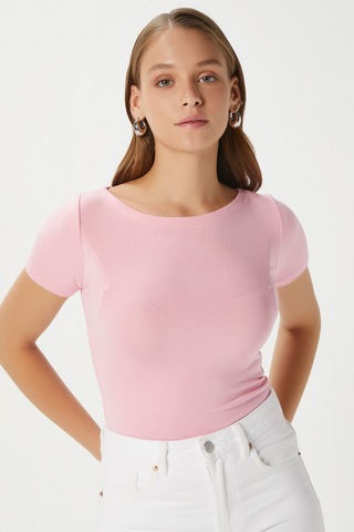 Ritnice Kadın Velvet Kayık Yaka Lux Touch Yumuşak Doku Kısa Kol Pembe Bluz