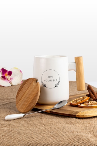 Bambu Kapaklı Kaşıklı Seramik Kupa