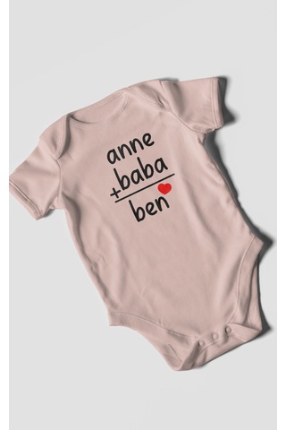 Anne Baba Ve Ben Baskılı Bebek Zıbını Çıtçıtlı Body %100 Pamuk Kısa Kol Pastel Pembe