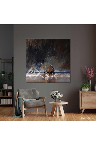 Sahilde Piyano Çalan Kadın Müzik Dekor Kanvas Tablo 100x100 Cm