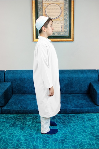Beyaz Buhara Yaka Namaz Elbisesi Erkek Çocuk Cübbe Beyaz