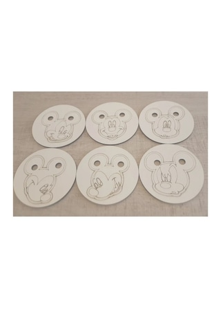 Ahşap Figürlü 6'lı Bardak Altlığı Lazer Kazıma 3mm - Mickey Mouse Ahşap - Beyaz