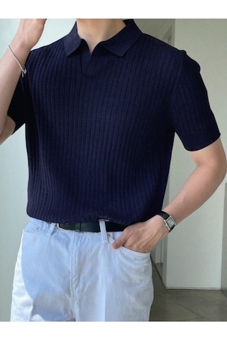Erkek Fitilli Polo Yaka Triko T-shirt Lacivert