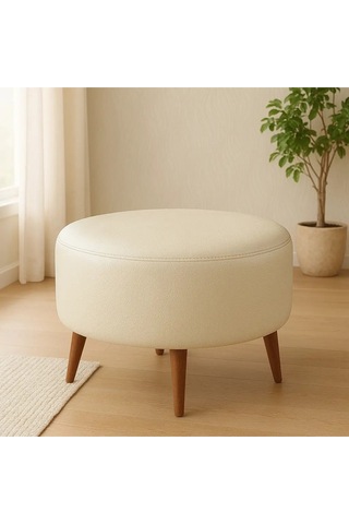 Waterybrook Suni Deri Puf Large - Ceviz Ahşap Ayaklı - Retro Modern Tasarım - Dekoratif Sehpa Krem