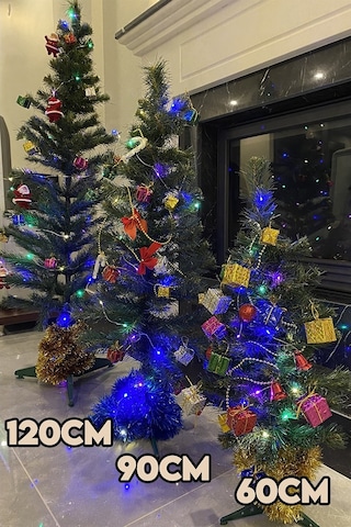 120 Cm Yılbaşı Çam Ağaç Seti 5 Metre Peri Led Işıklı Ve Yılbaşı Süsleri Paketi, Kar Spreyi