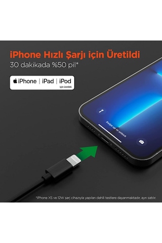 Omars MFI Sertifikalı Type-C to Lightning iPhone / Apple Uyumlu iPad Örgülü Hızlı Şarj ve Data Kablosu 1 Metre Siyah