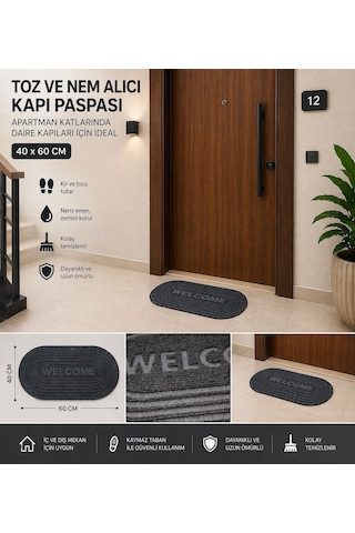 Oval Gri Dış Kapı Paspası Welcome 40x60