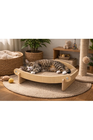 Pureza Ahşap Kedi Yatağı Ve Tırmalama Alanı Çift Fonksiyonlu Tasarım Sabit Yatak Ve Sallanan Form