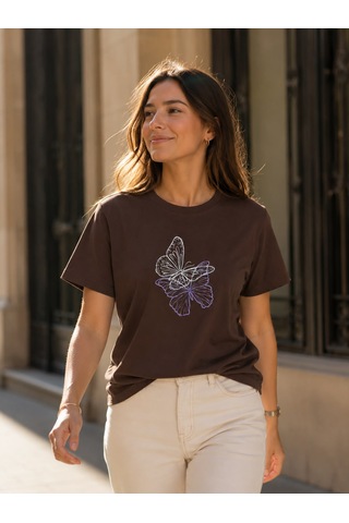Yubisititch Tshirt Nakış İşlemeli 2li Kelebek- Penye -kahverengi
