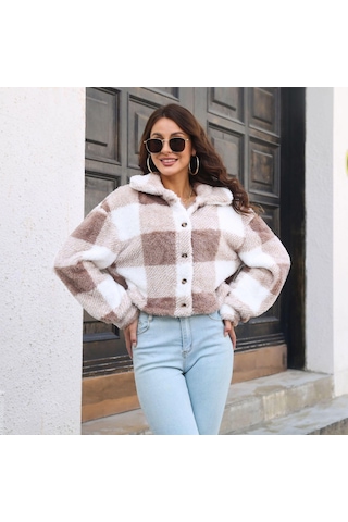 Ekose Çift Taraflı Kadife Kadın Kısa Mont - Haki