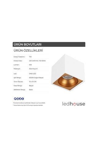 Spot Lamba Led 7W Kare Beyaz-Bakır Duvar Aydınlatma Armatür