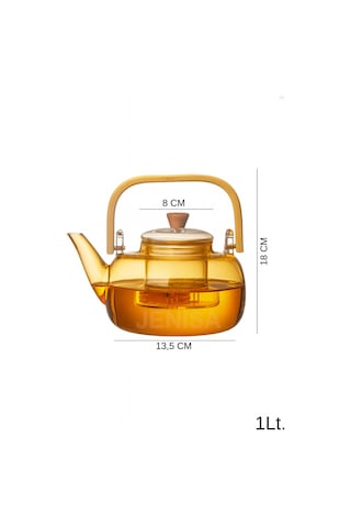 Amber Cam Demlik Ahşap Saplı Cam Filtreli Demlik 1 Litre - Isıya Dayanıklı Cam Bitki Çayı Demlik Amber