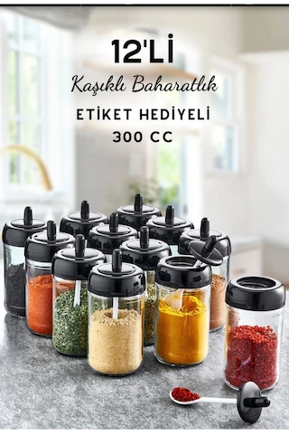 12 Adet Kapağı Kendinden Kaşıklı Cam Baharatlık Seti 300 Cc- Baharat Etiketi Hediyeli ŞEffaf